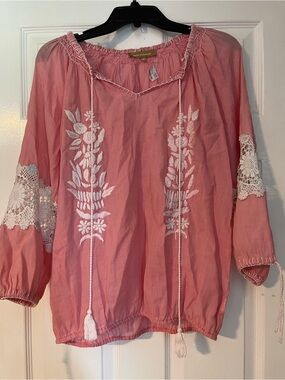 Pink Embroidered Peasant Blouse with Tassel Ties